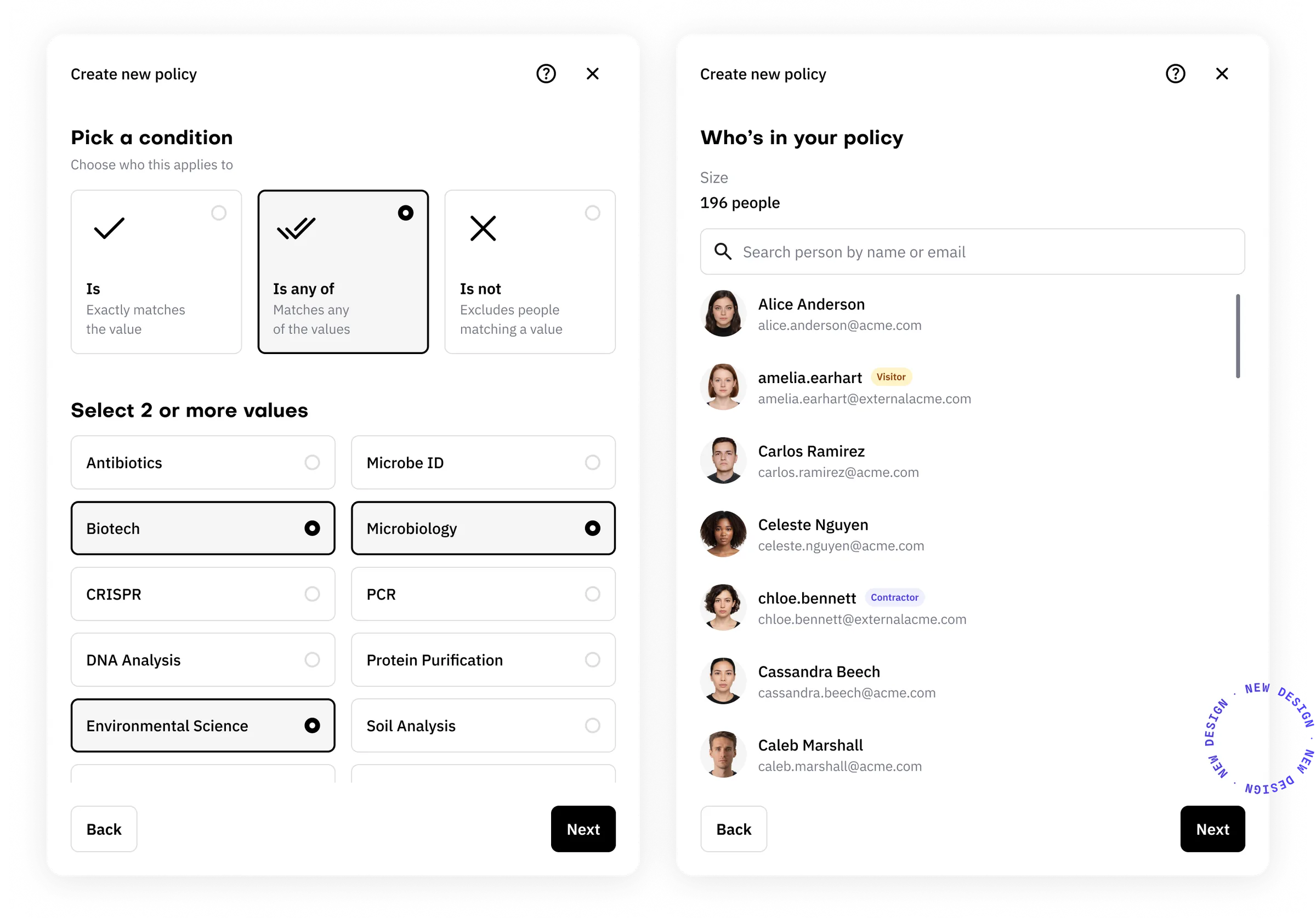 New policy builder design with conditions and affected people preview.
