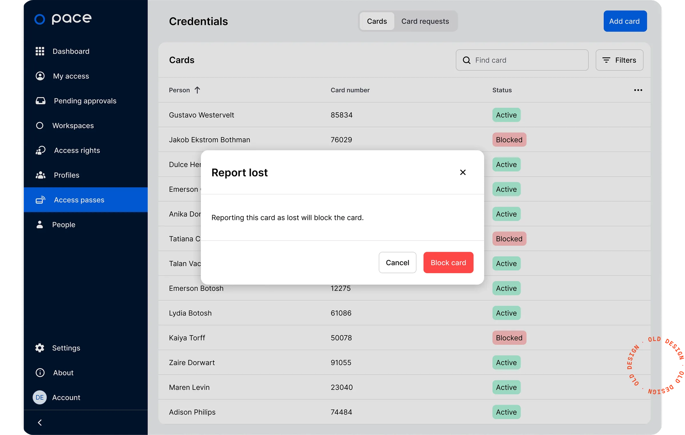 Old lost-card administration flow before access recovery redesign.