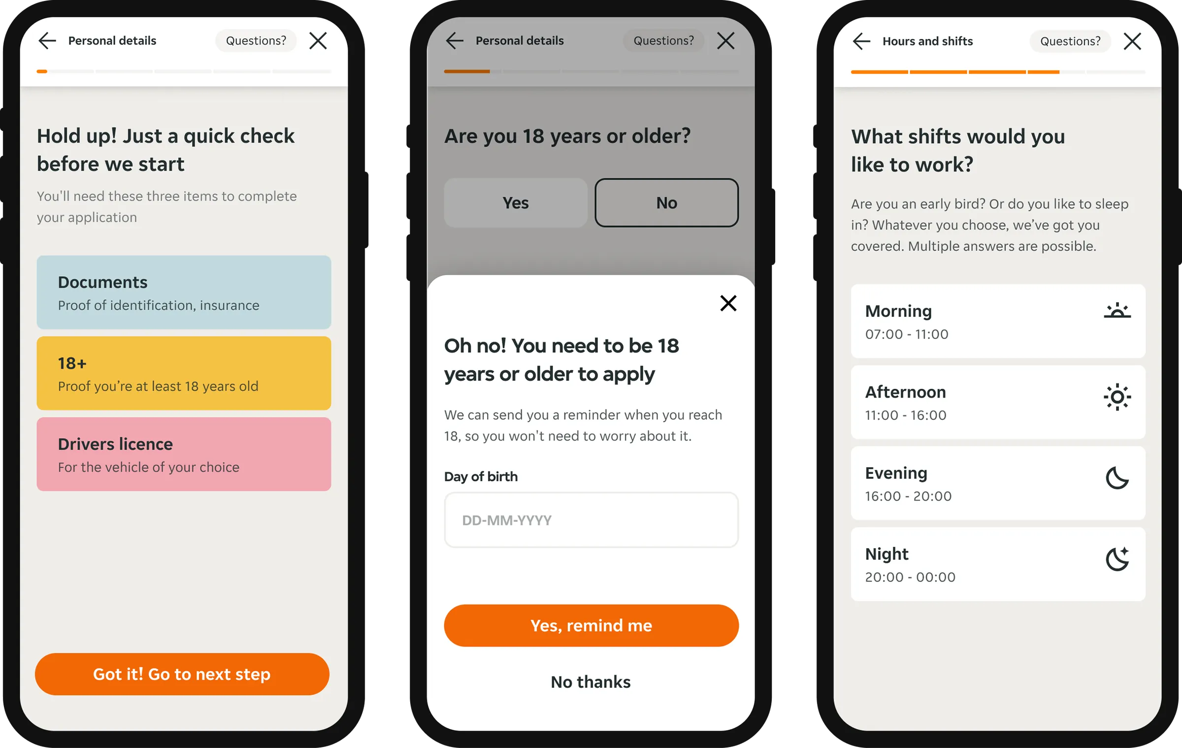 Takeaway final application flow screens.