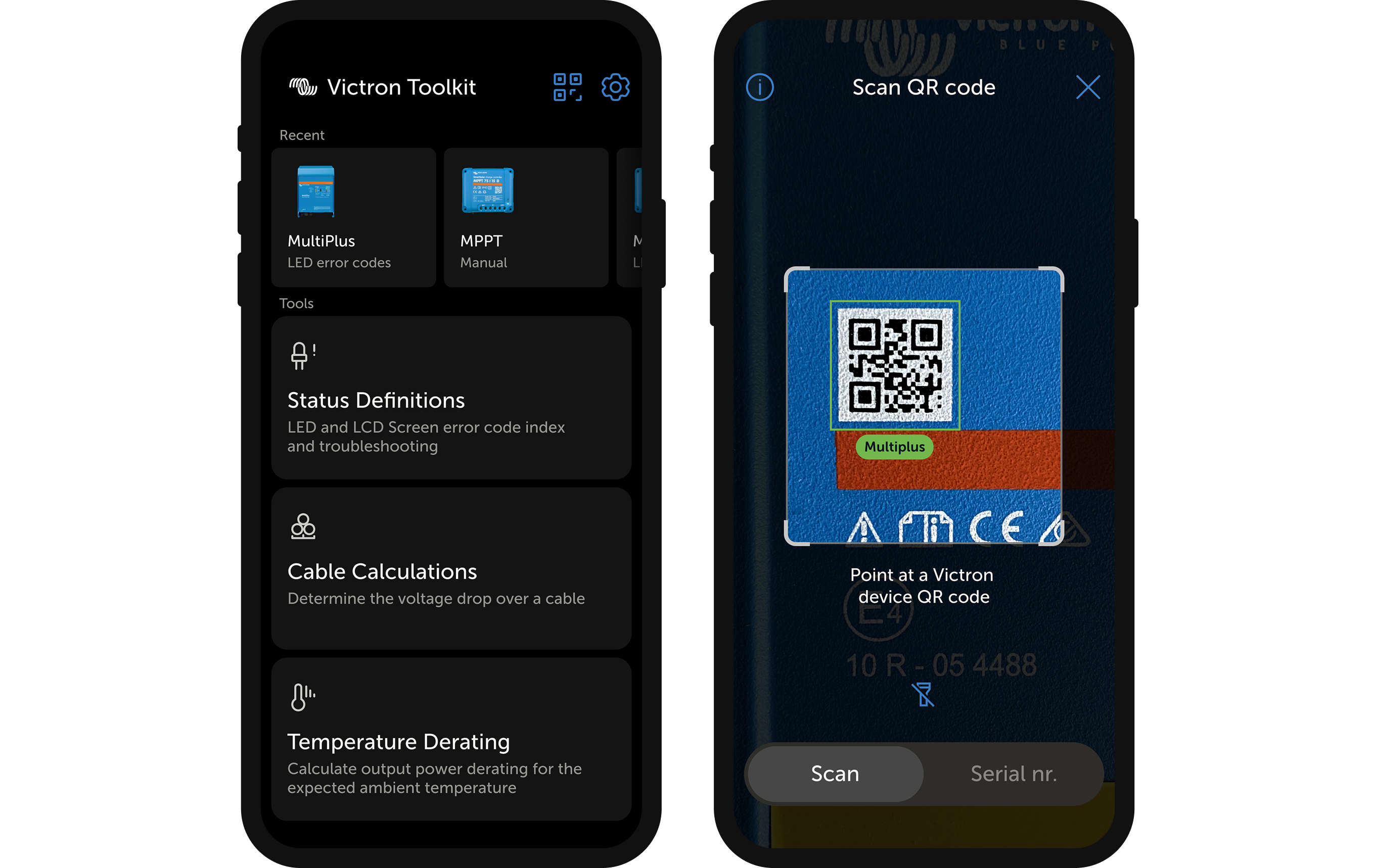 Victron final shortcut and scanner app screens.