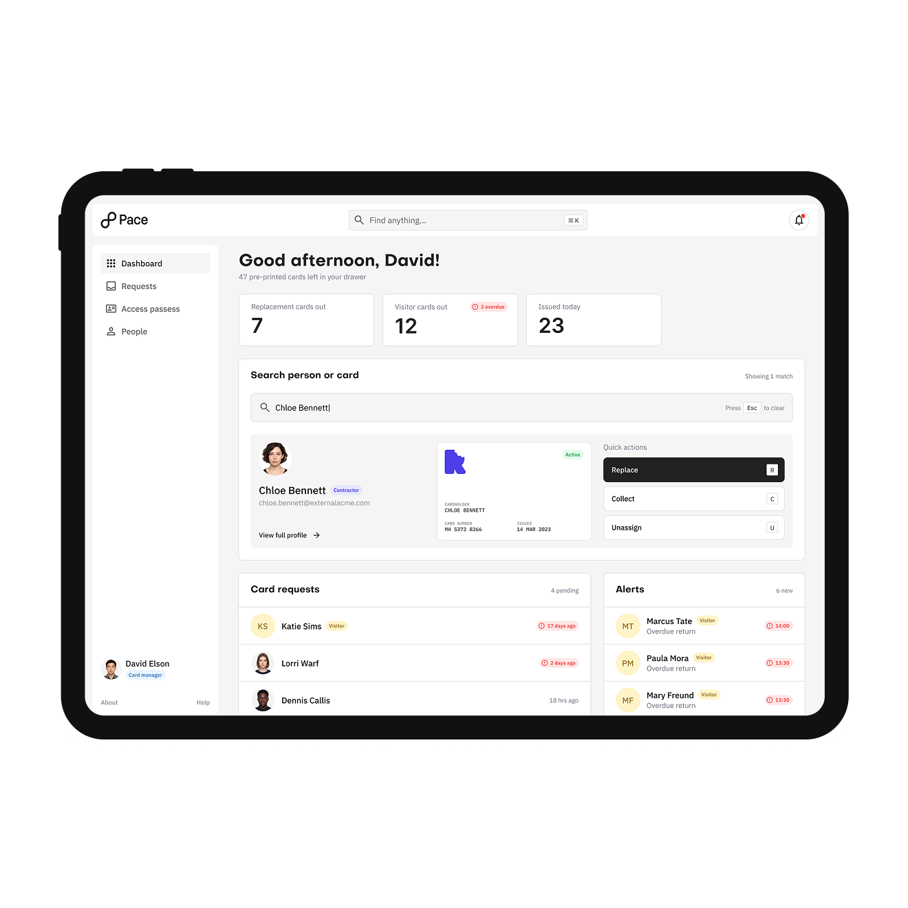 Nedap Pace dashboard work shown on a desktop browser mockup